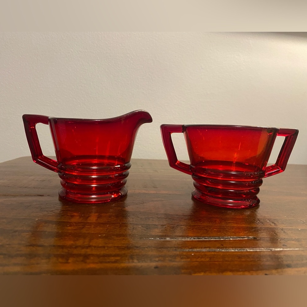 Red Glass Creamer and Sugar Set - vintage